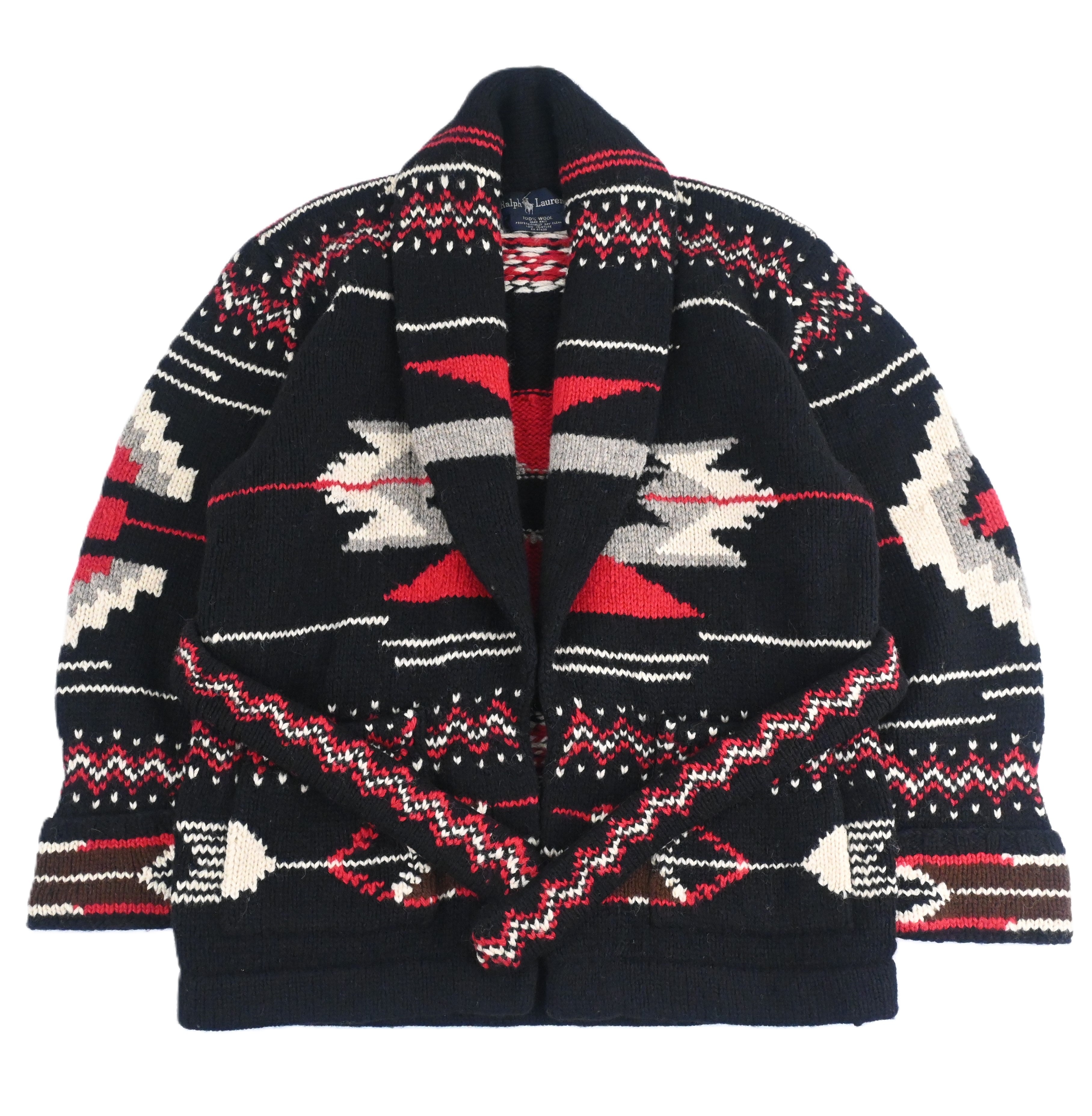 90's Ralph Lauren Native Hand Knitted Shawl Collar Cardigan Size S Black