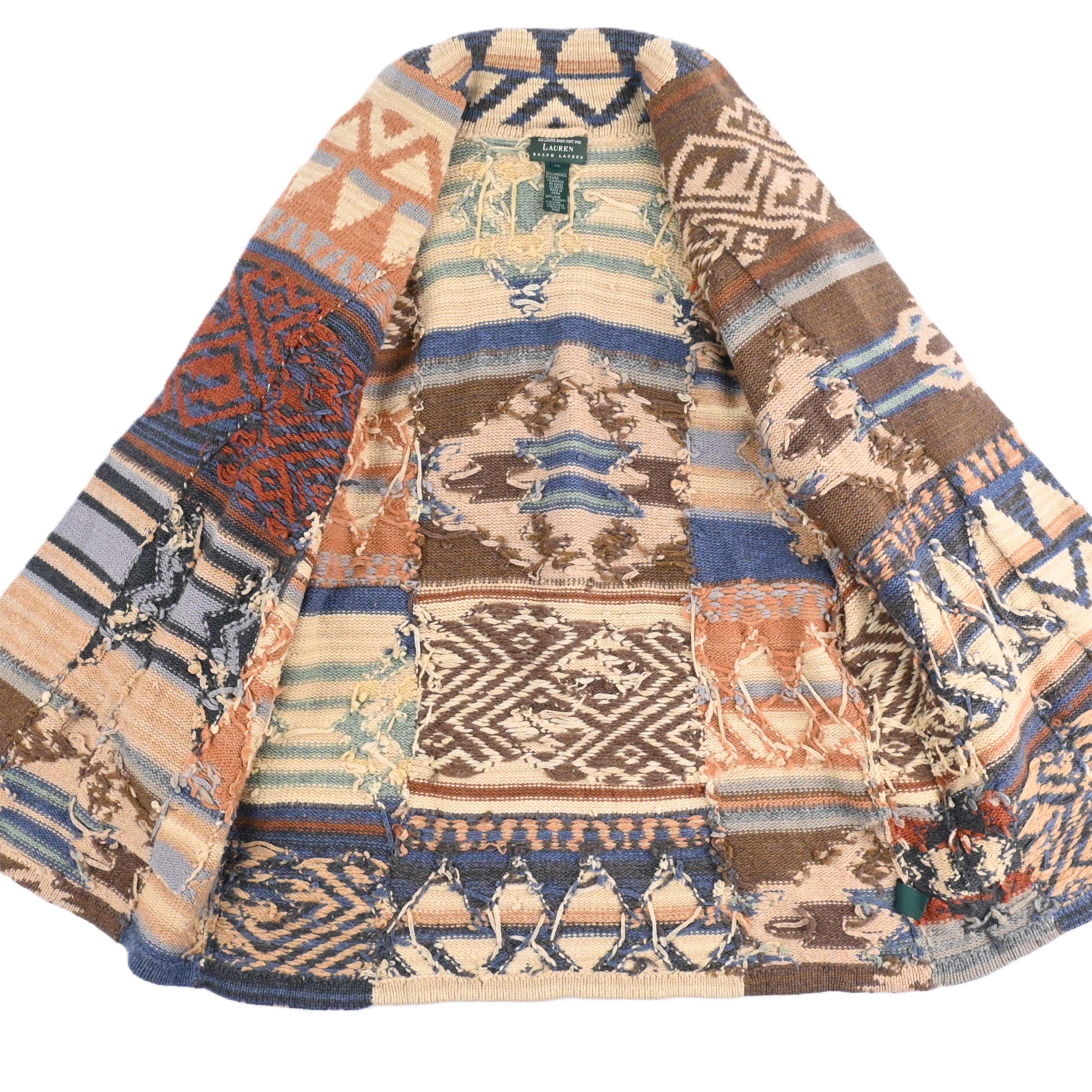 90's Lauren by Ralph Lauren Native Patchwork Hand Knitted Shawl Collar Cardigan Size M