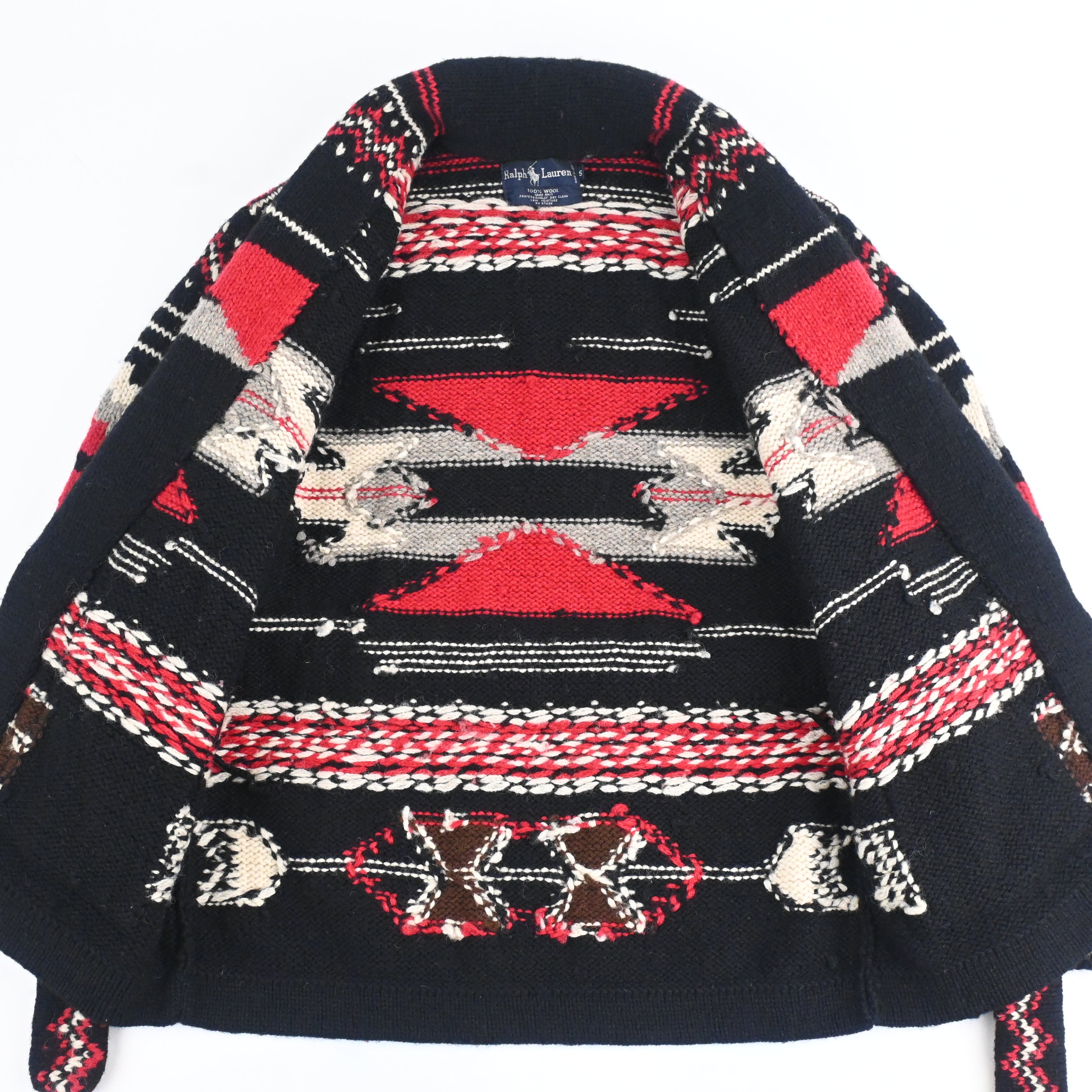90's Ralph Lauren Native Hand Knitted Shawl Collar Cardigan Size S Black