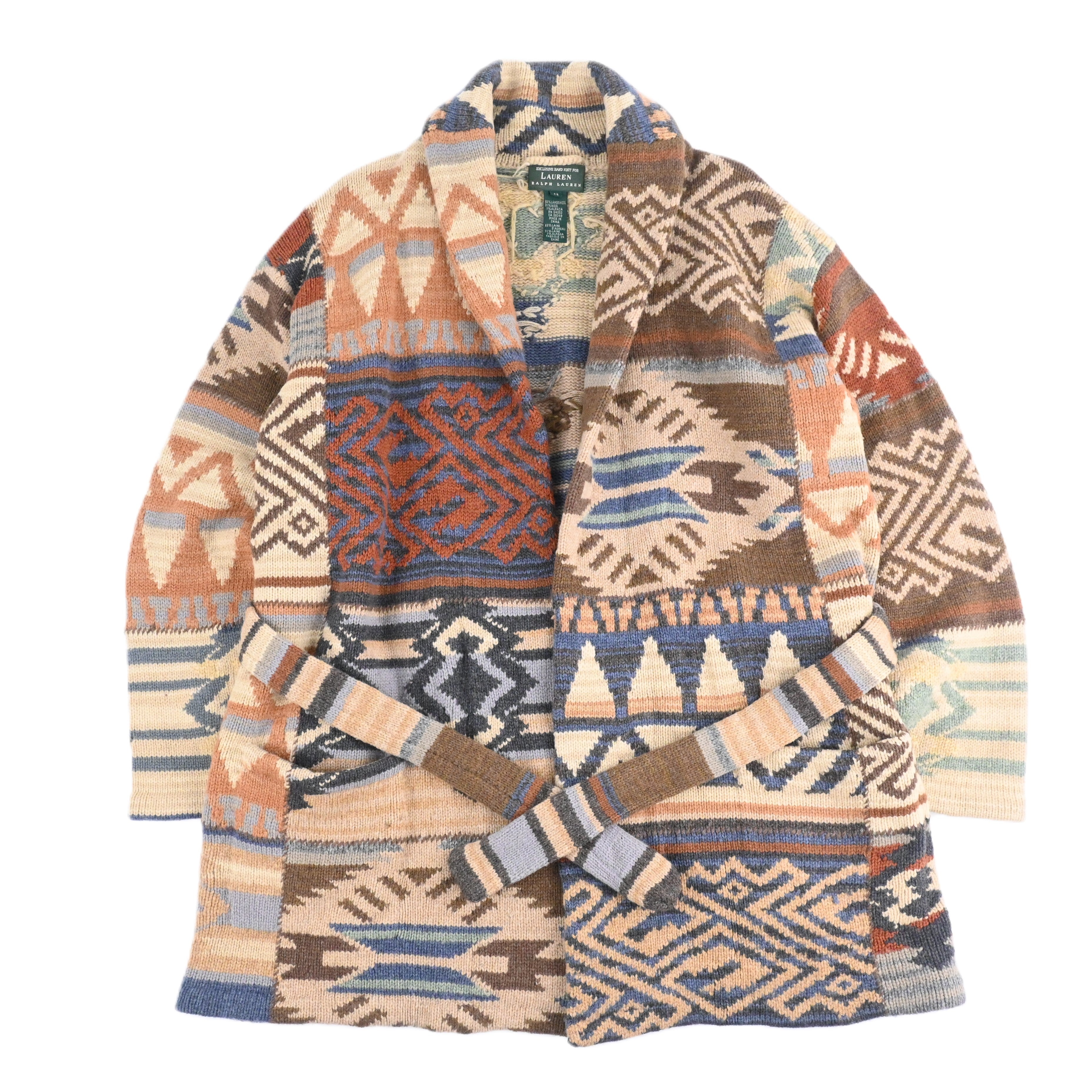 90's Lauren by Ralph Lauren Native Patchwork Hand Knitted Shawl Collar Cardigan Size M