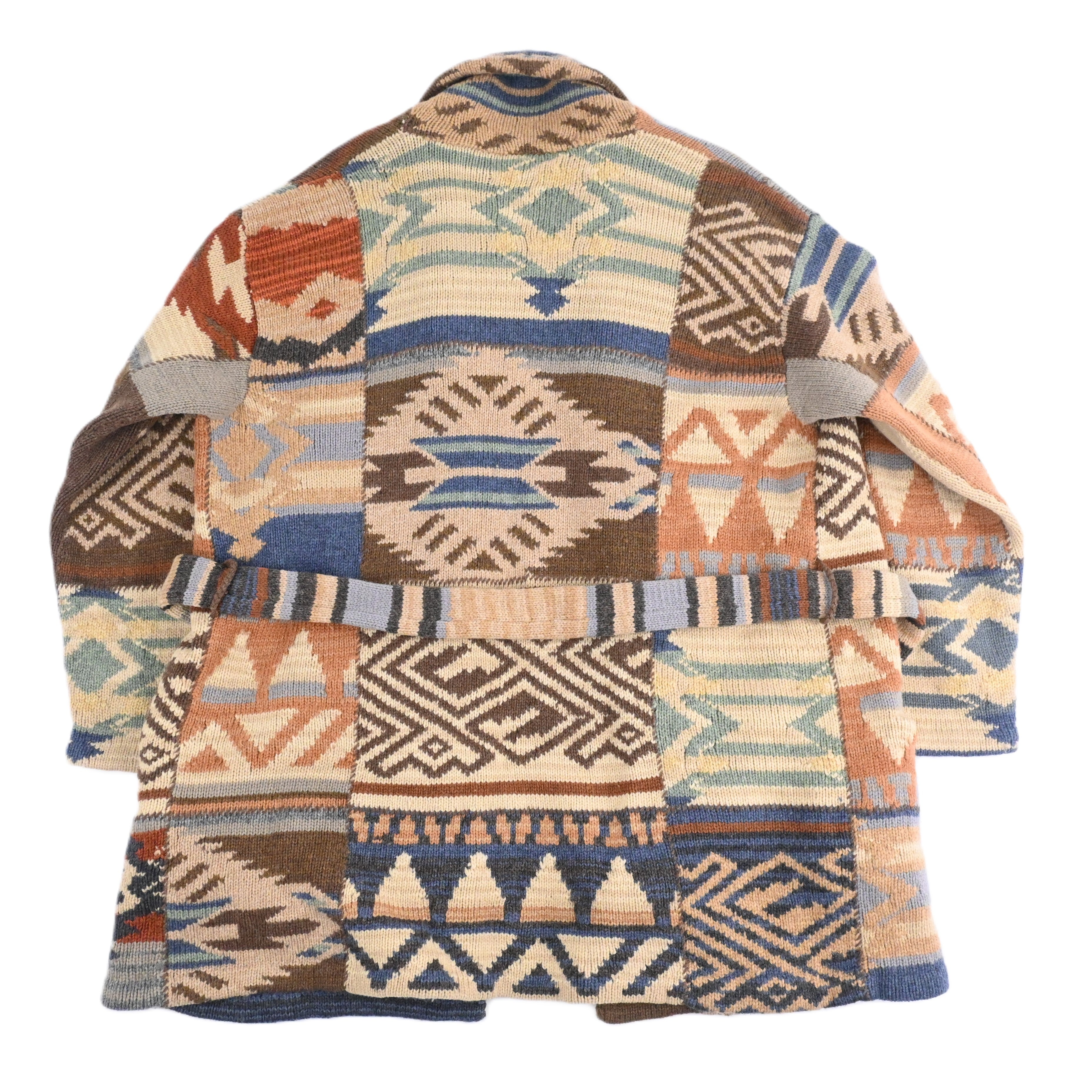 90's Lauren by Ralph Lauren Native Patchwork Hand Knitted Shawl Collar Cardigan Size M