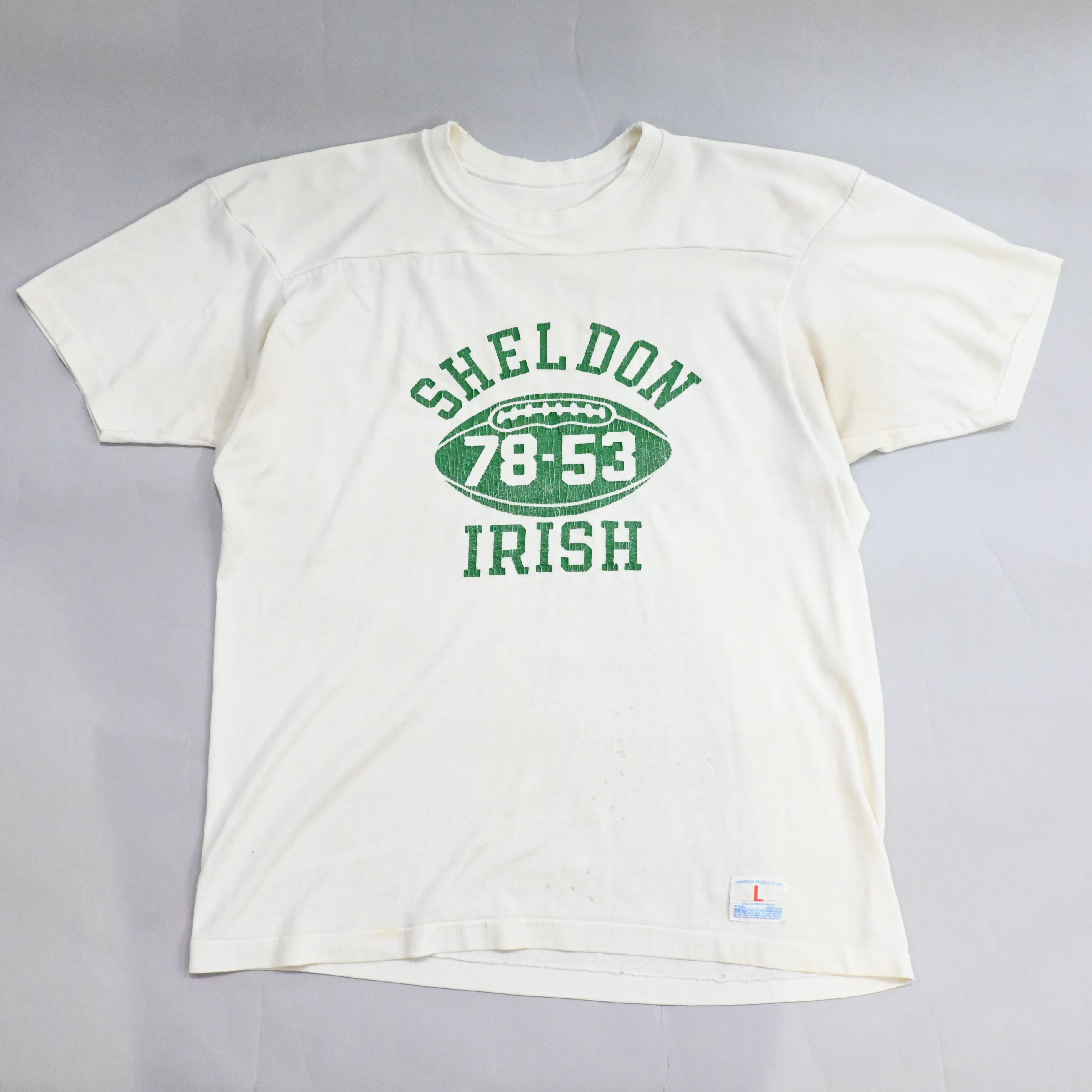 70's CHAMPION "SHELDON IRISH 78-53" FOOT BALL T-SHIRT SIZE L
