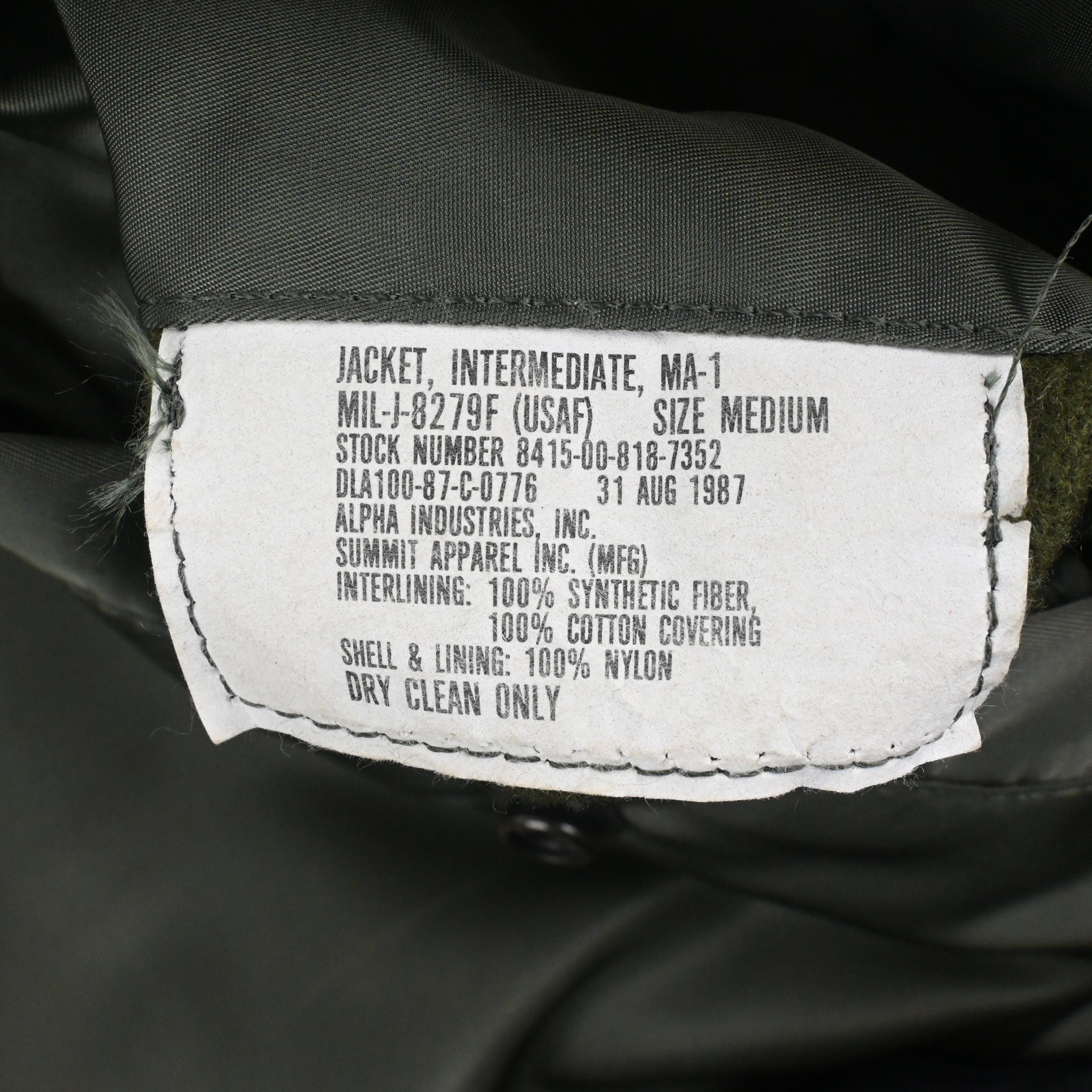 '87 U.S.A.F. MA-1 SIZE L MIL-J-8279F SIZE M