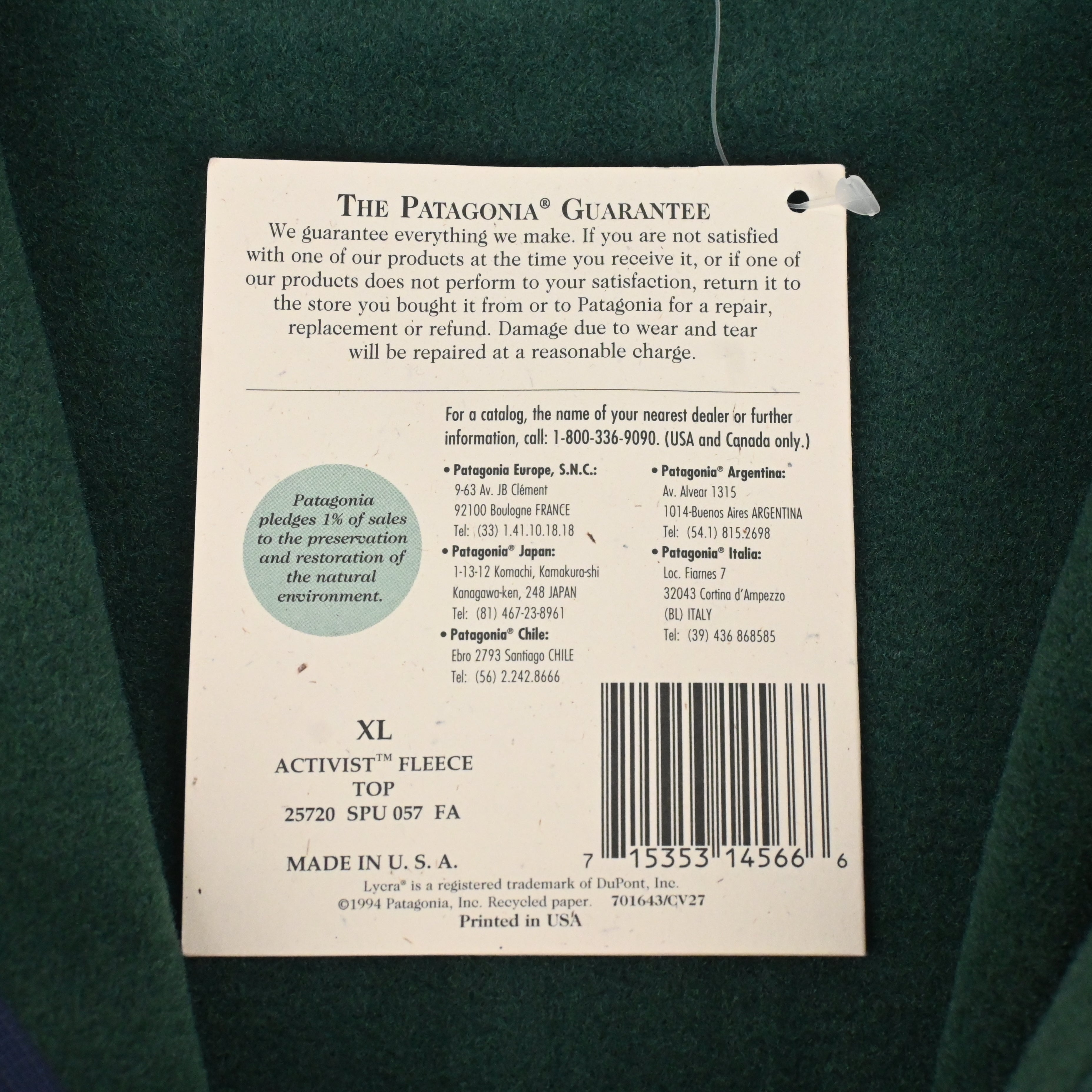'94  patagonia ACTIVIST FLEECE TOP DEAD STOCK SIZE XL Pacific Blue
